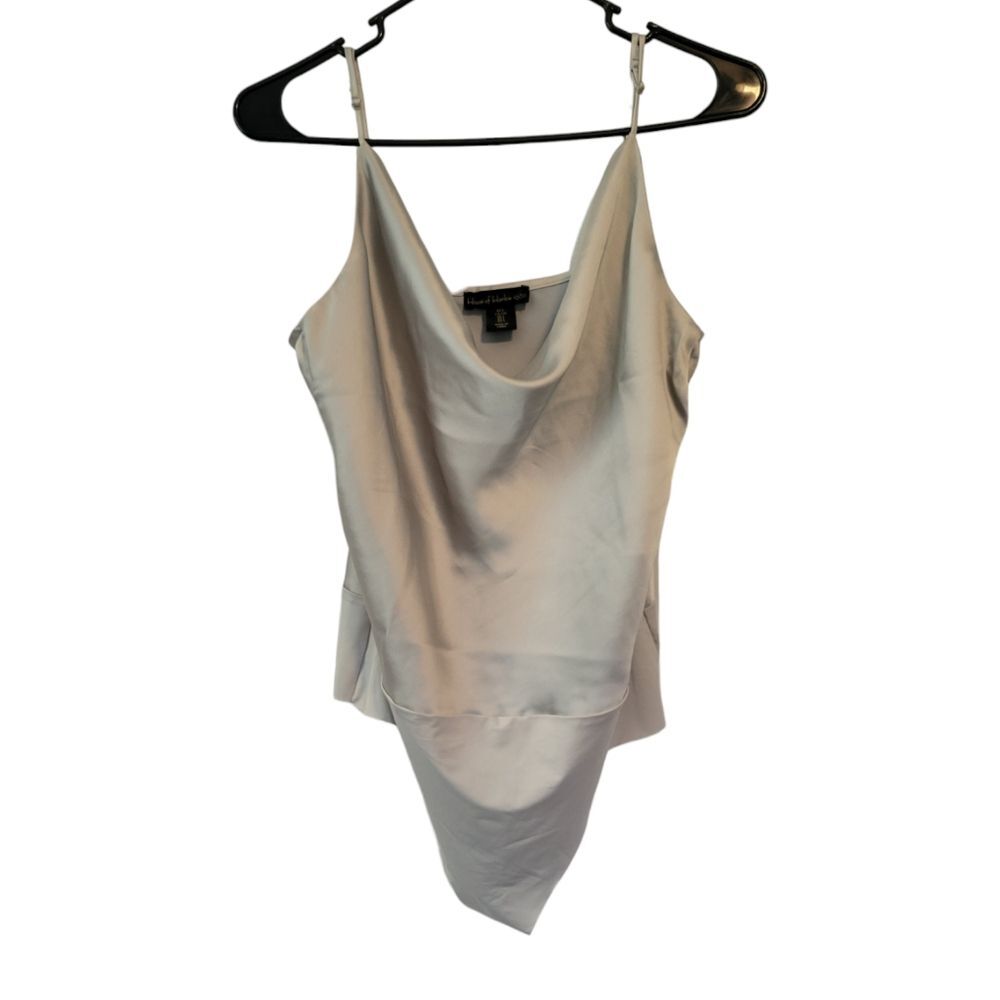 House of Harlow 1960 Silver Satin Draped Neck Bodysuit Size Large